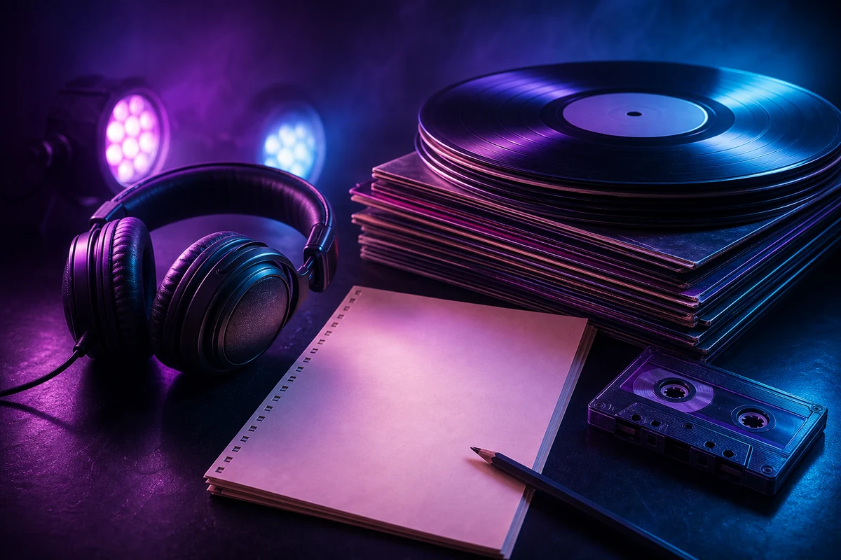 Ilustración editorial de discos, auriculares y una lista en blanco para organizar canciones de Dead as Disco