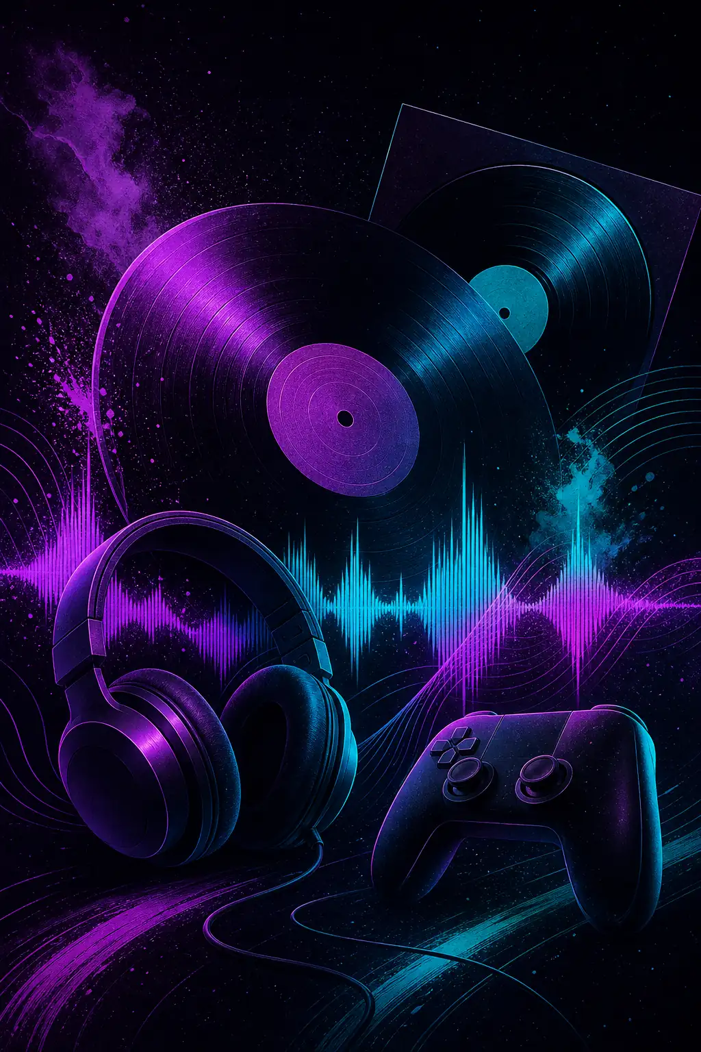 Ilustración de discos, auriculares, mando y ondas de audio para la lista de canciones de Dead as Disco